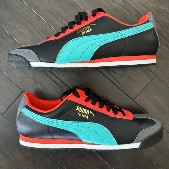 Puma Black, Teal and Red Roma Sneakers, US 10.5 - Picture 2 of 8
